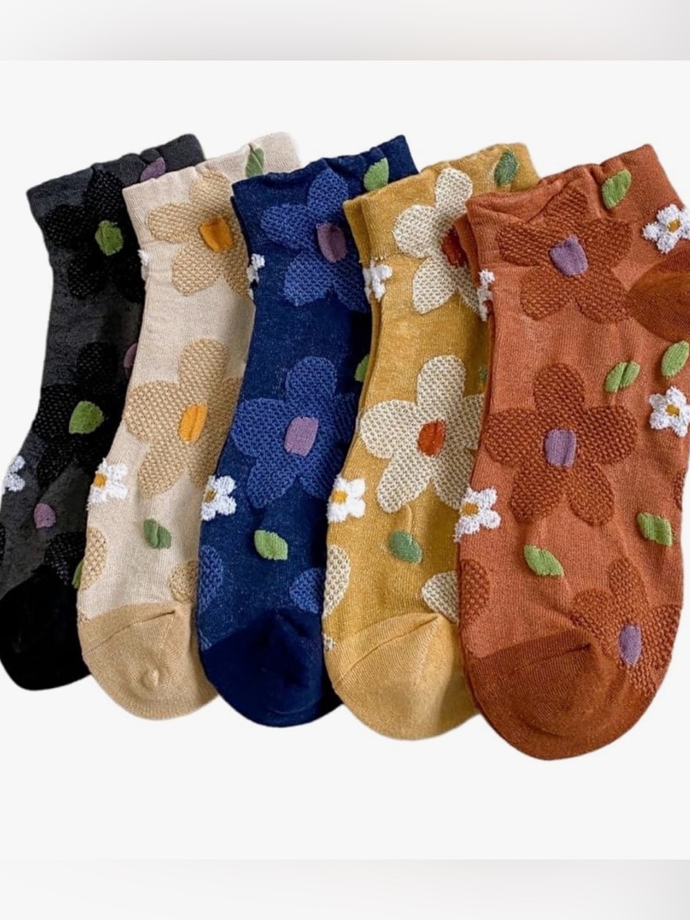 NEW 5 Pairs Cute Ankle Socks Kawaii Embroidered Floral Combed Cotton Socks